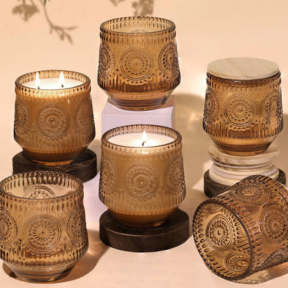 LAMORGIFT 6 Pack Amber Candle Jars for Making Candles- Large 13.5oz Glass Jars with Wooden Lids and Labels, Empty Candle Jars, Candle Containers Vessels for Candle Making Supplies