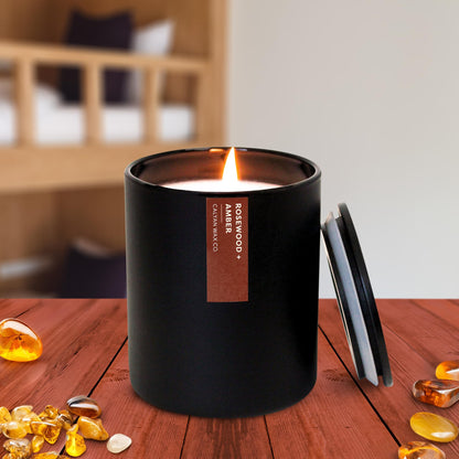 Calyan Wax Co. Rosewood & Amber Scented Candle - 75 Hour Burn - Luxury Clean Soy Wax Candles - Long Lasting Black Tumbler Jar Candle for Home - 10.2oz