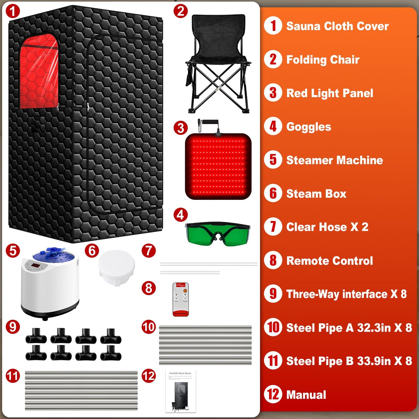 Portable Sauna for Home, Infrared Sauna, 160 LEDs 660nm and 850nm Large Red Light Sauna Box, Steam Saunas Tent with 3L Steamer, 15 Temp Levels & 99 Min Timer for Indoor Spa, Relaxation, Detoxification