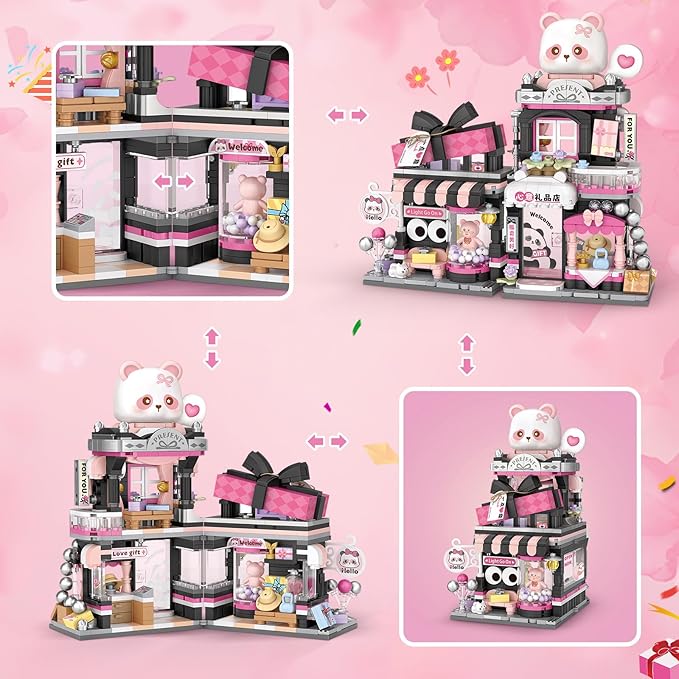 Street View Gift Shop Mini Building Blocks MOC Creative Building Toys Cute Panda Animals Building Set for Girls 6-12 Simulation Architecture Construction Toy Gift Idea for Kids Adults (938 PCS)