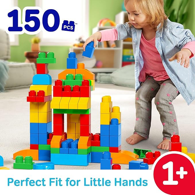 MEGA BLOKS First Builders Toddler Blocks Toys Set Deluxe Building Bag with 150 Pieces and Storage Creative Open-Ended Play Blue Ages 1+ Years (Amazon Exclusive)