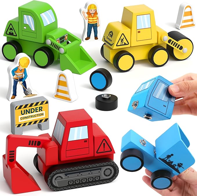 Coogam Snap Together Vehicle Toys for Toddlers Wooden Montessori Take Apart Construction Engineering Car - Assembly Building Game STEM Fine Motor Educational Toy Gift for Kids Ages 3-8