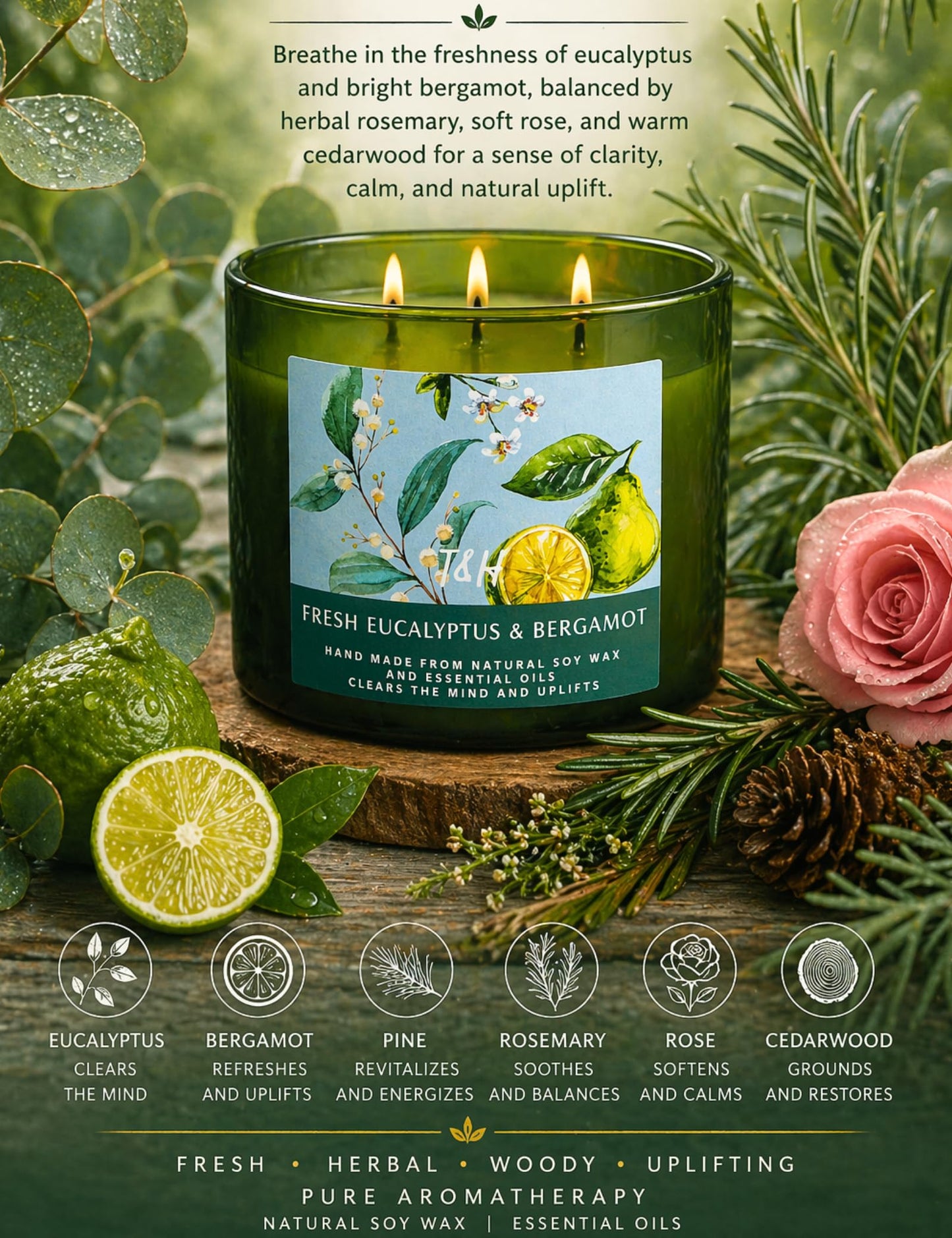 Eucalyptus Bergamot 3 Wick Candle for Home Scented | 15.8 oz Large Soy Candle | Spa Aromatherapy Candles for Home Stress Relief Relaxation | Clean Burn | Gift for Women & Men Housewarming
