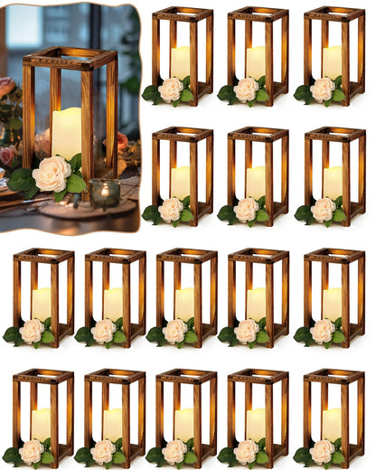 Huquary 32 Pcs/16 Set Wooden Wedding Lantern Centerpiece Include Farmhouse Candle Holders and Flameless LED Candles for Rustic Wedding Table Decoration