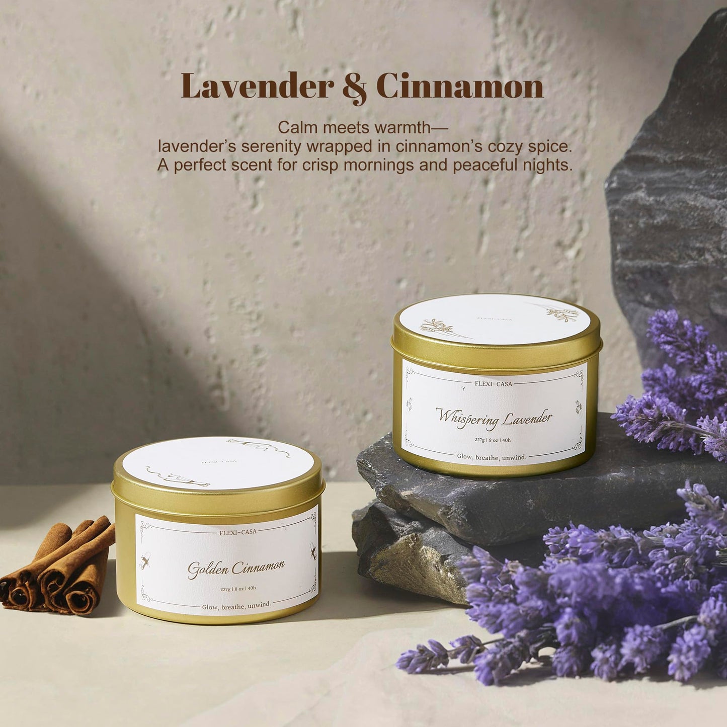 Flexi-Casa Lavender & Cinnamon Aromatherapy Candle Set, 2 Pack Floral Soy Wax Tin Candles, Long Lasting Scented Candles for Home, Relaxation, Stress Relief, Travel Size Gifts for Women