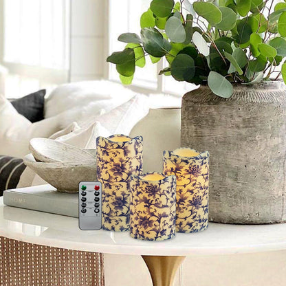 NjaoHoo Flameless Candles 4" 5" 6" Set of 3 Indoor Outdoor Pillars Battery Operated Flickering Candles Include 10-Key Remote Timer Function 500+ Hours (Blue and White Printed)