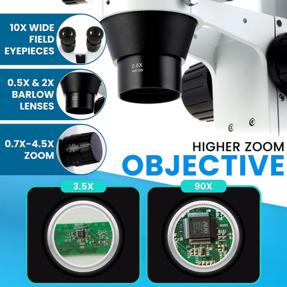 AmScope SM-3B Series Binocular Zoom Stereo Microscope - 3.5X-90X Magnification - Includes 80 LED Compact Ring Light & Single Arm Boom Stand