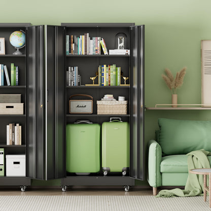 INTERGREAT Metal Storage Cabinet with Wheels, 73" H Rolling Metal Cabinets with Doors and Shelves, Black Steel Lockable Cabinet on Wheels for Garage Storage