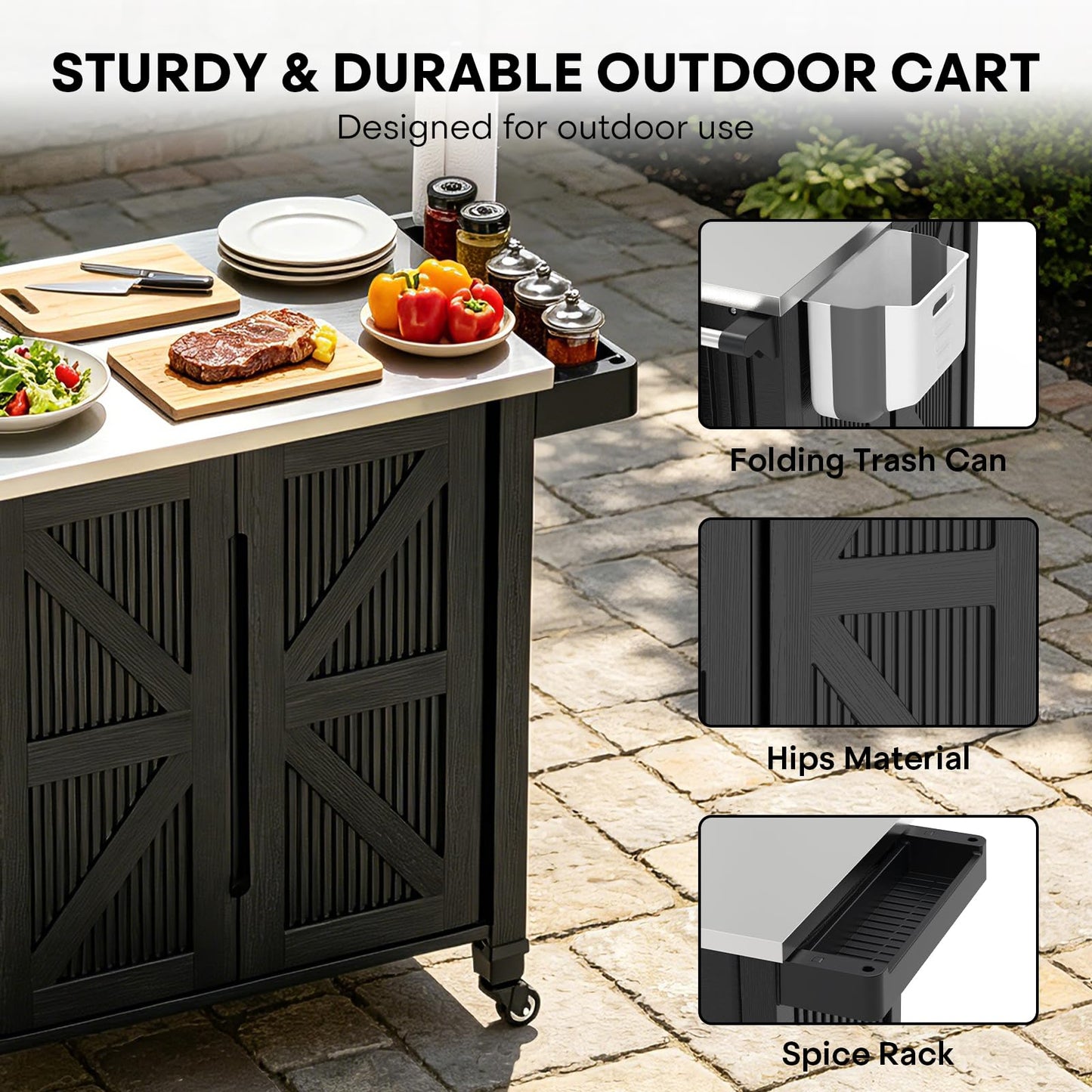 evixor Outdoor Grill Cart with Stainless Steel Tabletop, Outdoor Kitchen Island with Storage Cabinet, Grill Cart with Folding Trash Can, 4 Wheels (2 Lockable) for Patio, Backyard, Garden and Poolside