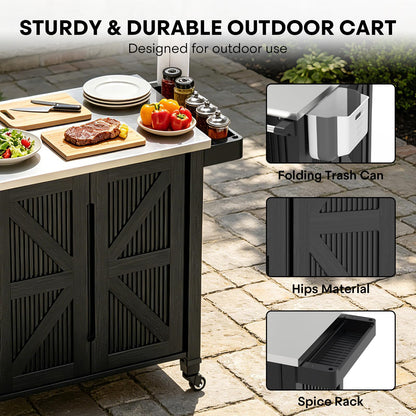evixor Outdoor Grill Cart with Stainless Steel Tabletop, Outdoor Kitchen Island with Storage Cabinet, Grill Cart with Folding Trash Can, 4 Wheels (2 Lockable) for Patio, Backyard, Garden and Poolside