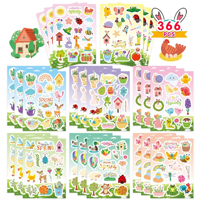 24 Sheets Spring Stickers for Kids, 366 PCS Spring Flowers Stickers for Cards Envelopes Butterfly Bug Animal Nature Sticker School Classroom Teachers Rewards Party Favors