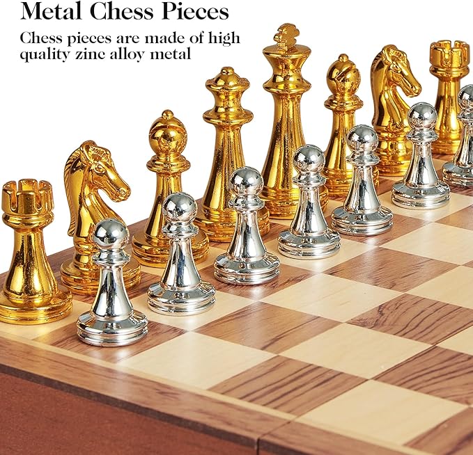 Metal Chess Set for Adults Kids 12'' Folding Wooden Chess Board with Metal Chess Pieces Handcrafted Portable Travel Chess Sets Game for Beginner Professional (Weighted Non-Magnetic)