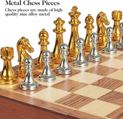 Metal Chess Set for Adults Kids 12'' Folding Wooden Chess Board with Metal Chess Pieces Handcrafted Portable Travel Chess Sets Game for Beginner Professional (Weighted Non-Magnetic)