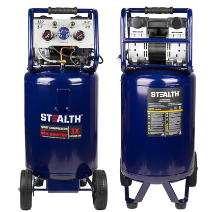 Stealth 20 Gallon Ultra Quiet Air Compressor,1.8 HP Oil-Free Peak 150 PSI 68 Decibel, 5.5 CFM @ 40 PSI 5 CFM @ 90 PSI Silent Long Life Electric Air Compressor W/Wheel for Garage