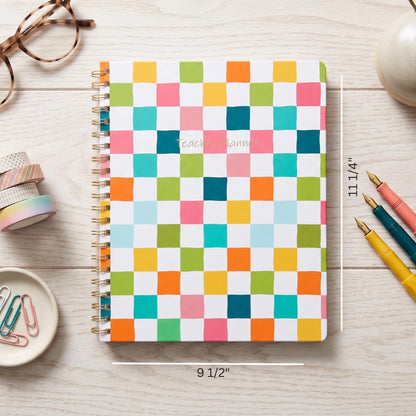 Undated Teacher Planner 8.5 x 11-12 Months & 52 Weeks | Colorful Checkerboard Cover | Monthly & Weekly Lesson Plan Book with Stickers, Storage Pocket & Snap-In Bookmark | Classroom Organizer