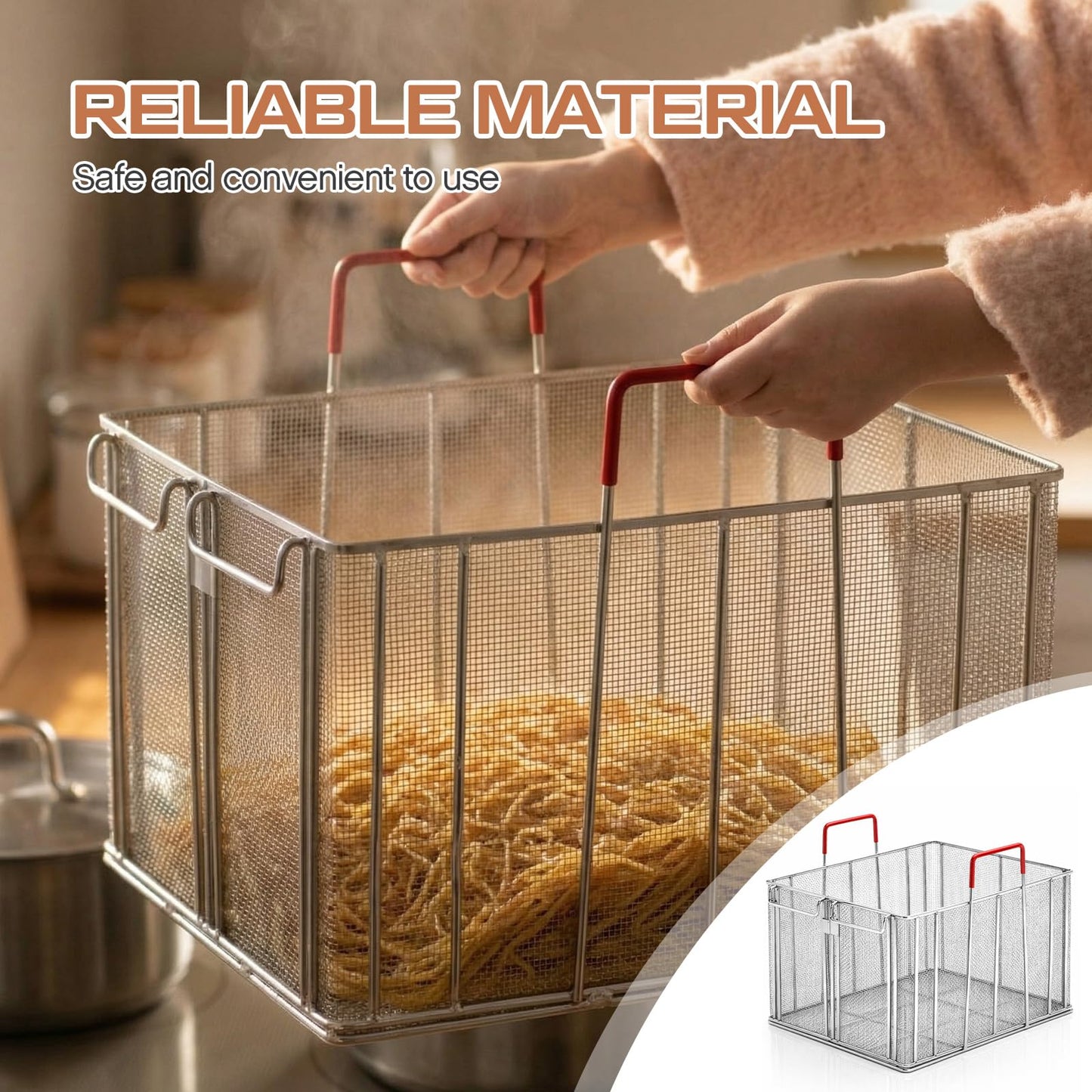 Sawysine Stainless Steel Pasta Basket, 16 Inch Large Rectangle Pasta Boil & Strainer Basket for Kitchen, Commercial Collander with Insulated Red Handle and Drain Hook