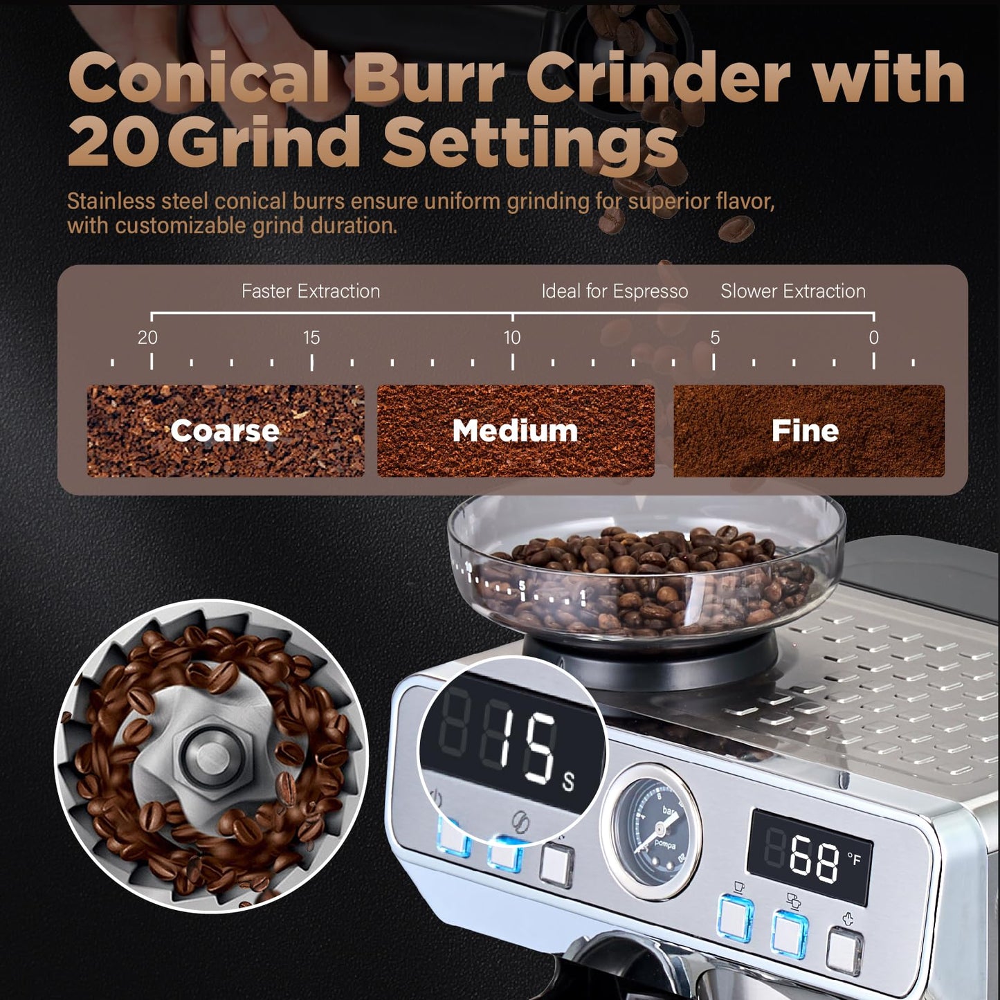 GeniCup Espresso Machine with Grinder 20 Bar Professional Expresso Coffee Machines for Home Customizable 194℉-203℉ Temp Control Espresso Maker with 68oz Water Tank All-in-One Coffee Maker Cold Brew