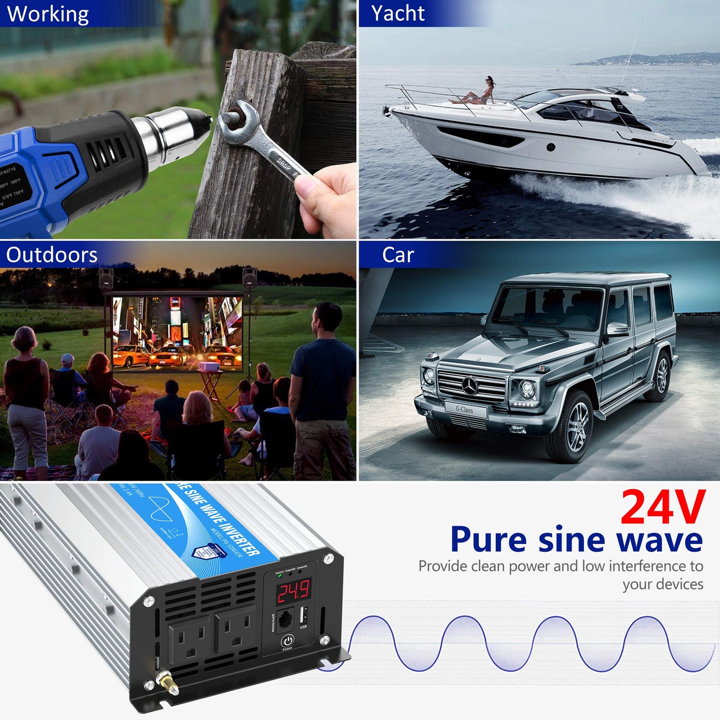 24V Pure Sine Wave Power Inverter 1200W 24V DC to120V AC UL Fuses Lithium Battery Compatible with Remote Controller and LED Display Dual AC Outlets for RVs Solar Off-Grid System Emergency by GIANDEL
