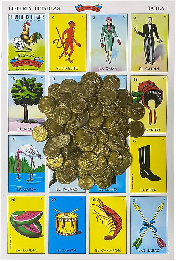 Loteria Mexicana Tradicional Jumbo Don Clemente para 10 Jugadores con 100 Monedas - Jumbo Size Mexican Bingo Set with 100 Counting Chips Plastic Coins for 10 Players with Deck of Cards and Boards
