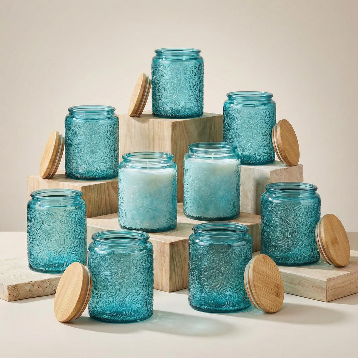 9-Pack 8oz Embossed Glass Candle Container with Bamboo Lids and Labels, Blue Candle Jars for Making Candles, Sun Moon Star Design