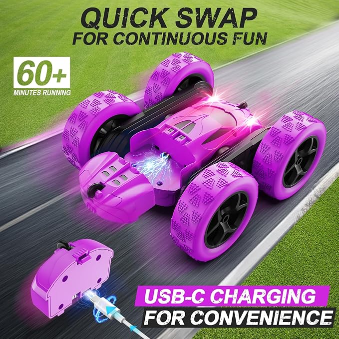 RC Cars Purple Remote Control Car for Girls 2.4 GHZ Double Sided RC Stunt Car 360° Rotating Remote Control Crawler with Headlights Car Toys for 6 7 8 9 10 11 12 Girls Birthday Gift