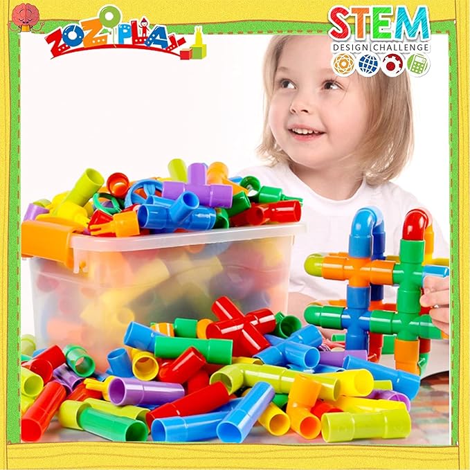 ZOZOPLAY STEM Toys Tube Locks 72 Piece Tubular Pipes &amp Spouts &amp Joints &amp Whistles &amp Trumpet Toy Learning Educational Building Block Set with Whistles Gift for Boys Girls
