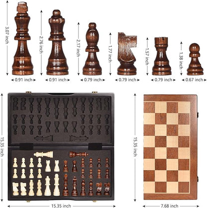 Chess Magnetic Wooden Chess Set 15 Unique Chess Board Game with Chess Pieces Storage Slots Tournament Portable Folding Travel Chess Sets for Kids Adults Beginner and Pros 2 Extra Queens