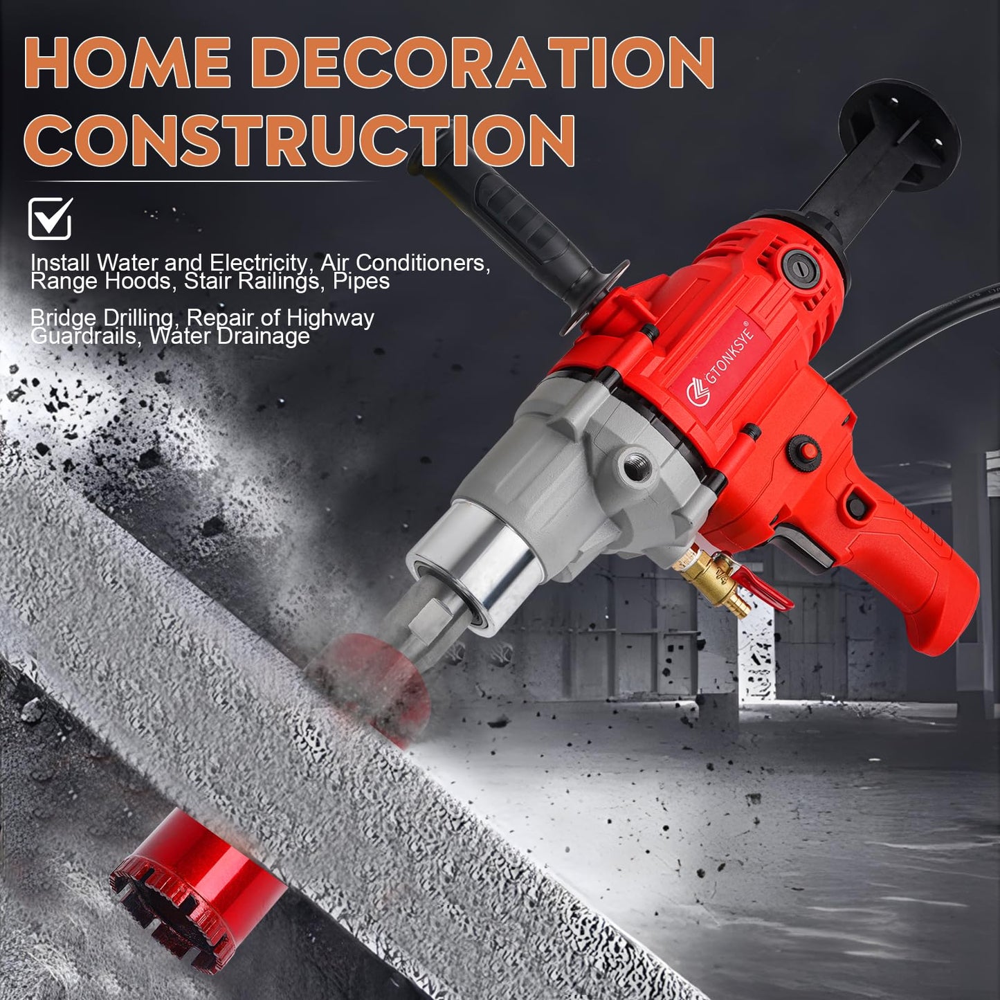 Gtonksye Diamond Core Drilling Machine, Handheld Dry and Wet Core Drill Rig, 1-1/4"Threaded Shaft, Equipped with Wet Drill Bits 1.25", 2.5", 3.25",4"and Water Pump Set, for Concrete Bricks and Stones