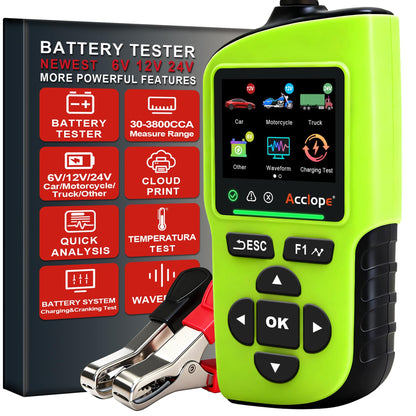 Acclope BT90 PRO 2-360Ah Battery Tester with Cloud Printing, 30-3800 CCA, 6V/12V/24V Digital Analyzer, SOH/SOC/Volt/Res/Cranking&Charging Test, Real‑Time Ambient Temp, AGM/EFB/Gel/Li