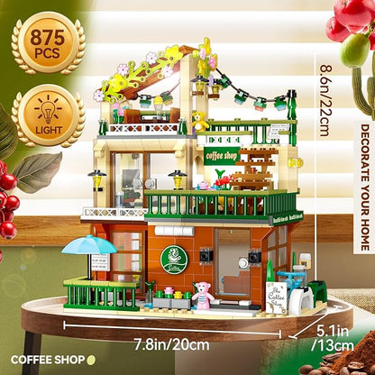 3 in 1 Street View Coffee Shop City Building Set Compatible with City House Modular Simulation Architecture Construction Toy with LED Lights Gift for Adults and Girls Kids Aged 8+(875 PCS)