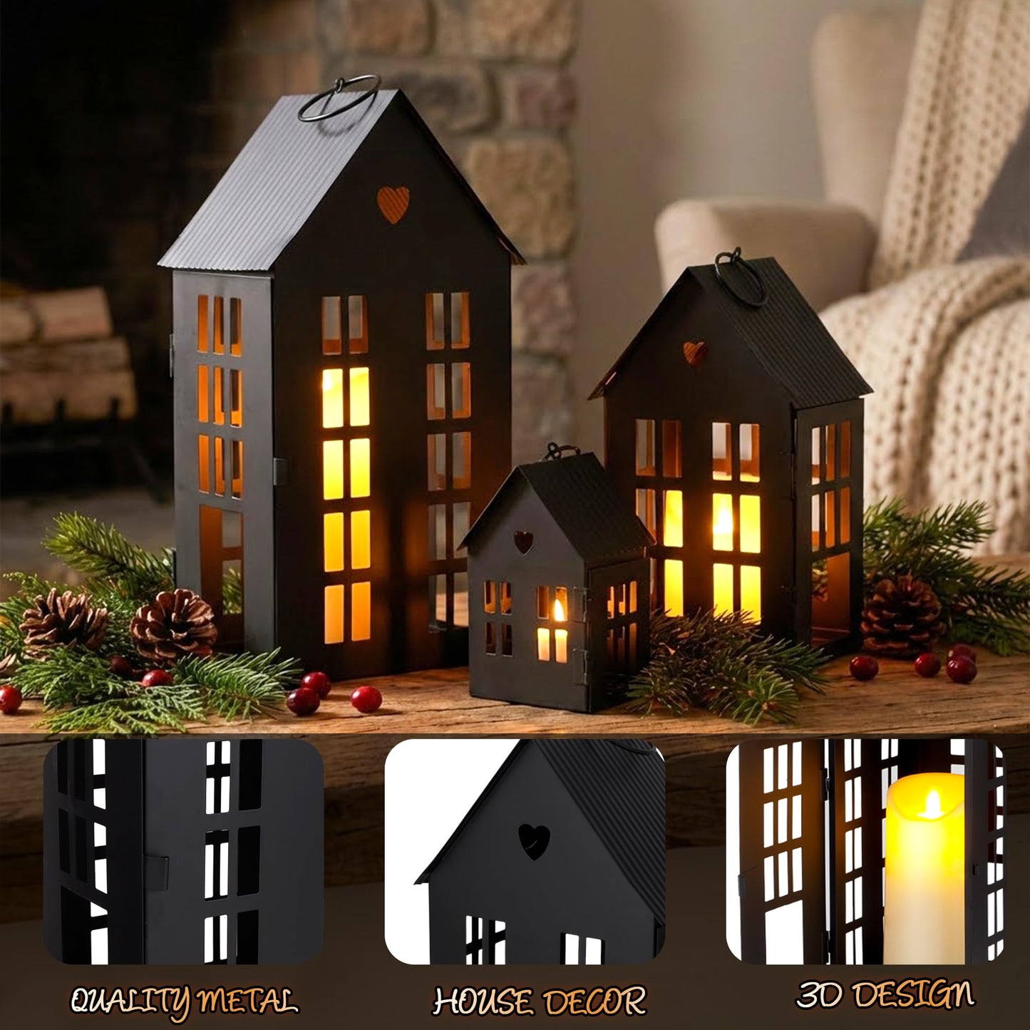 TRIROCKS Set of 3 Decorative Hanging Lanterns 13.5"&9.5"&5.5" H Gothic Street Town House Village Decor Candle Holders for Home Garden Yard Patio Gothic Parties Events Indoors Outdoors(Black)