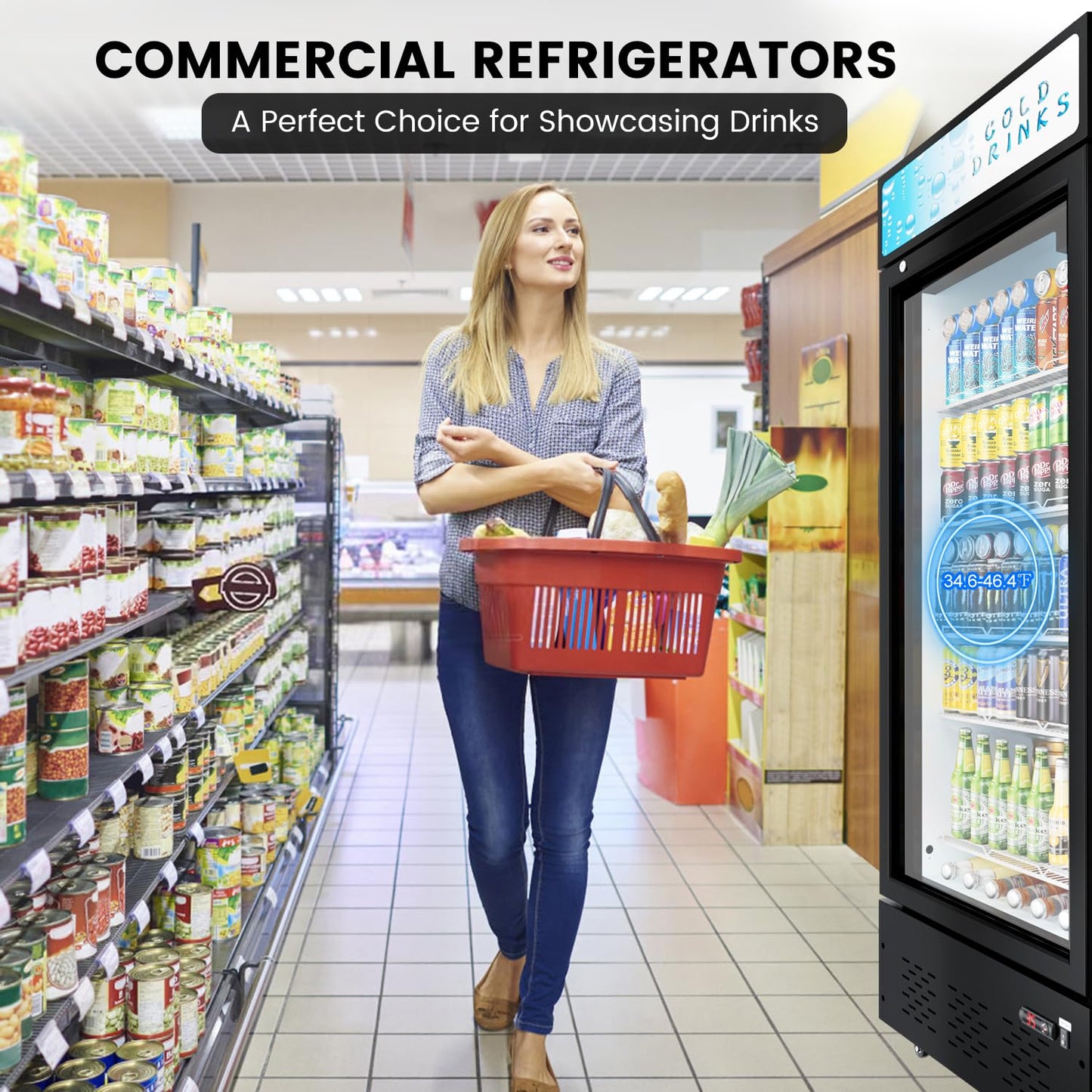 Ferueo Commercial Beverage Refrigerator, 15 Cu.ft.Display Fridge Glass Door Upright Display Door with Adjustable Shelves LED Light for Restaurant,Grocery Stores,Office