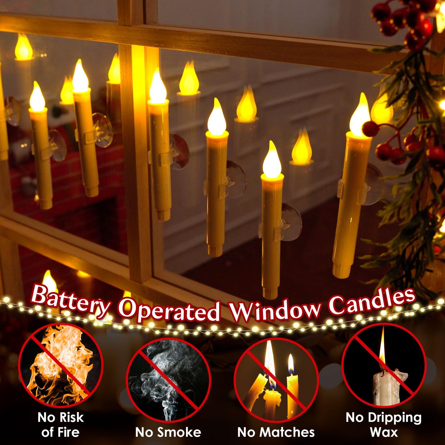 Enhon 6 Pcs Battery Operated Window Candles, Ivory LED Christmas Window Candles with Sensor Dusk to Dawn, Cordless Flameless Taper Candlestick with Battery & Suction Cup for Xmas Wedding Decorations