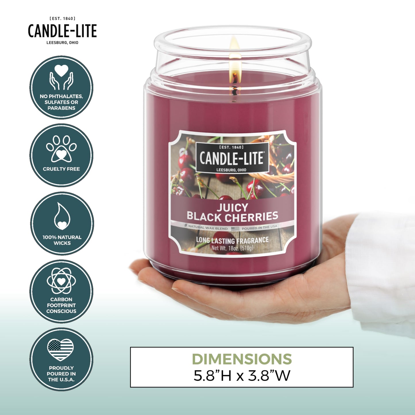 CANDLE-LITE Scented Juicy Black Cherries Fragrance, One 18 oz. Single-Wick Aromatherapy Candle with 110 Hours of Burn Time, Dark Red Color, Jar