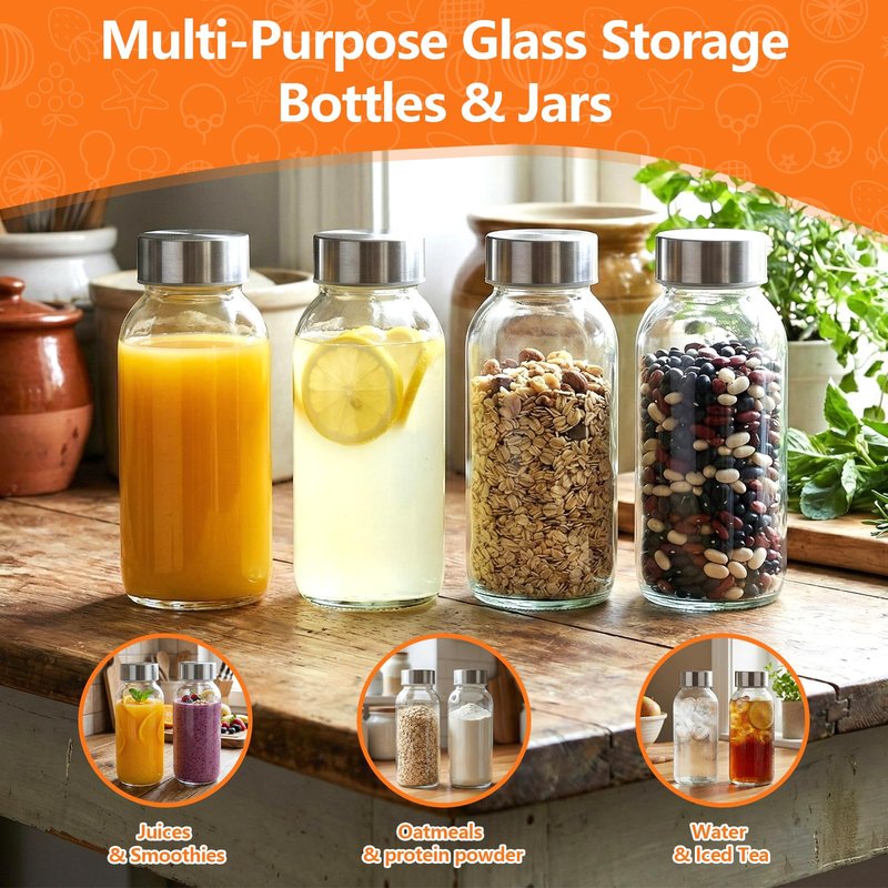 Luxfuel 8 oz Glass Water Bottles with Lids, 4 Pack Small Glass Juice Bottles with Stainless Steel Caps & Funnel, Leak-Proof Containers for Juicing, Milk, Ginger Shots, Smoothies, Wellness Drinks
