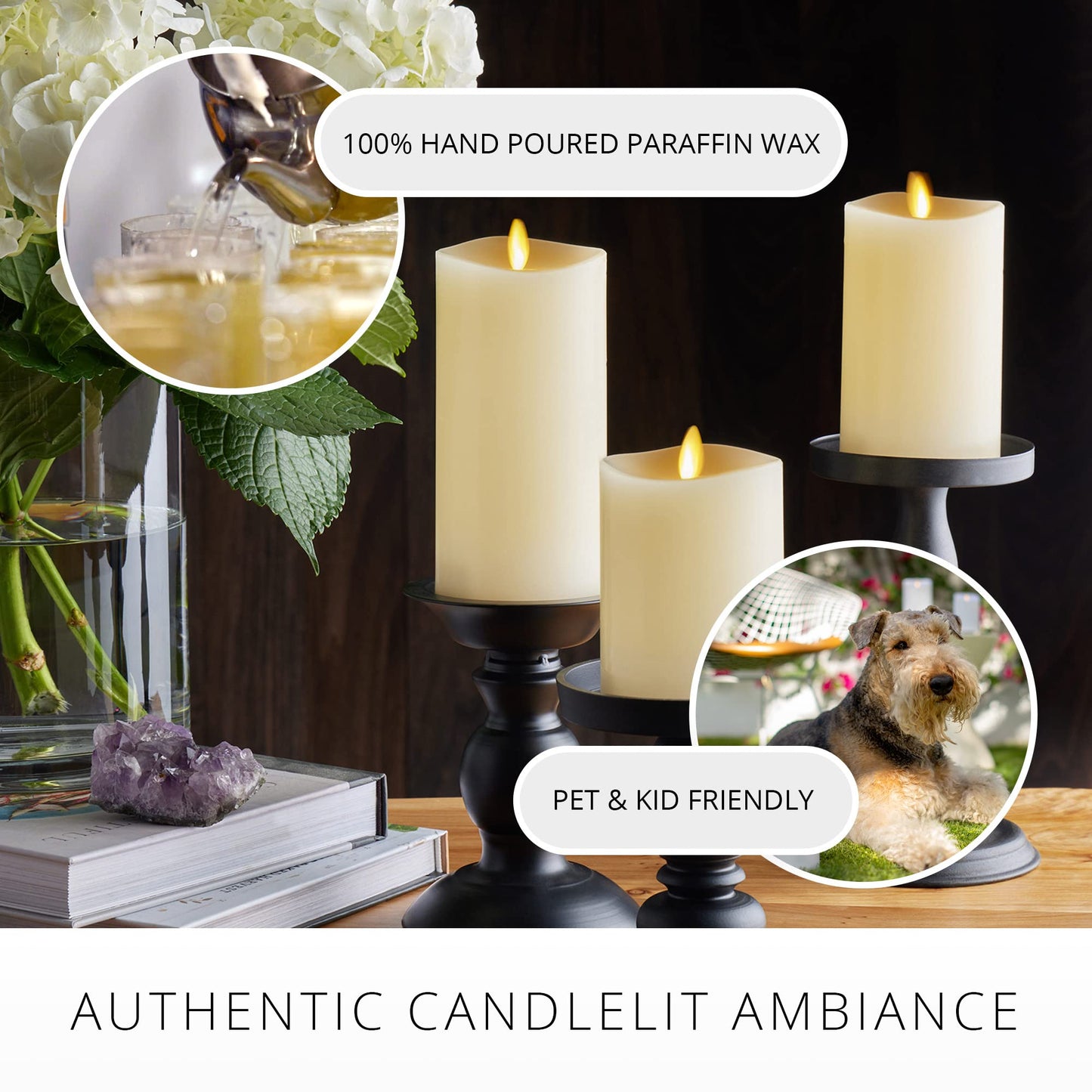 Luminara Realistic Flameless LED Set of 3 Ivory Pillar Candles, Home Safe Moving Flame Melted Top Illumination, Battery Operated Remote Control w/Timer