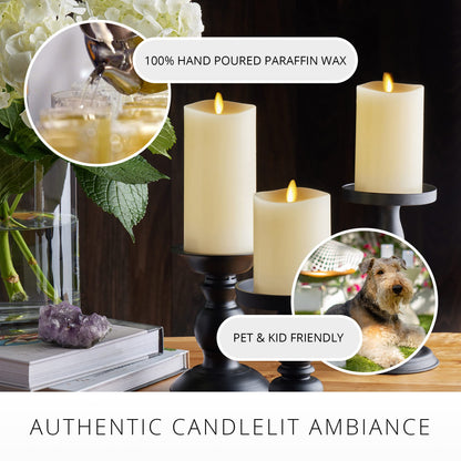 Luminara Realistic Flameless LED Set of 3 Ivory Pillar Candles, Home Safe Moving Flame Melted Top Illumination, Battery Operated Remote Control w/Timer