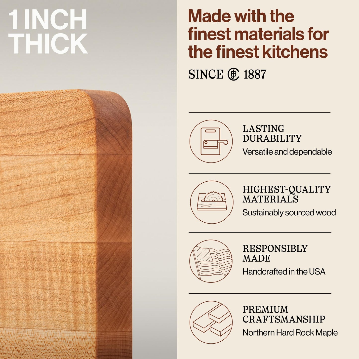 John Boos Chop-N-Slice Series Rectangular Wooden Maple Cutting Board 16”x10” – 1” Thick, 4.5-lb Reversible Butcher Block with Eased Corners, Edge-Grain & Finger Grips – Made in the USA