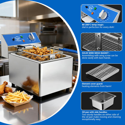 TOPKITCH 8L Professional Electric Fryer, 1800 W Commercial Electric Fryer Made of Stainless Steel with Basket, Temperature Control 80-200 °C, Fast Heating for Restaurant and Home