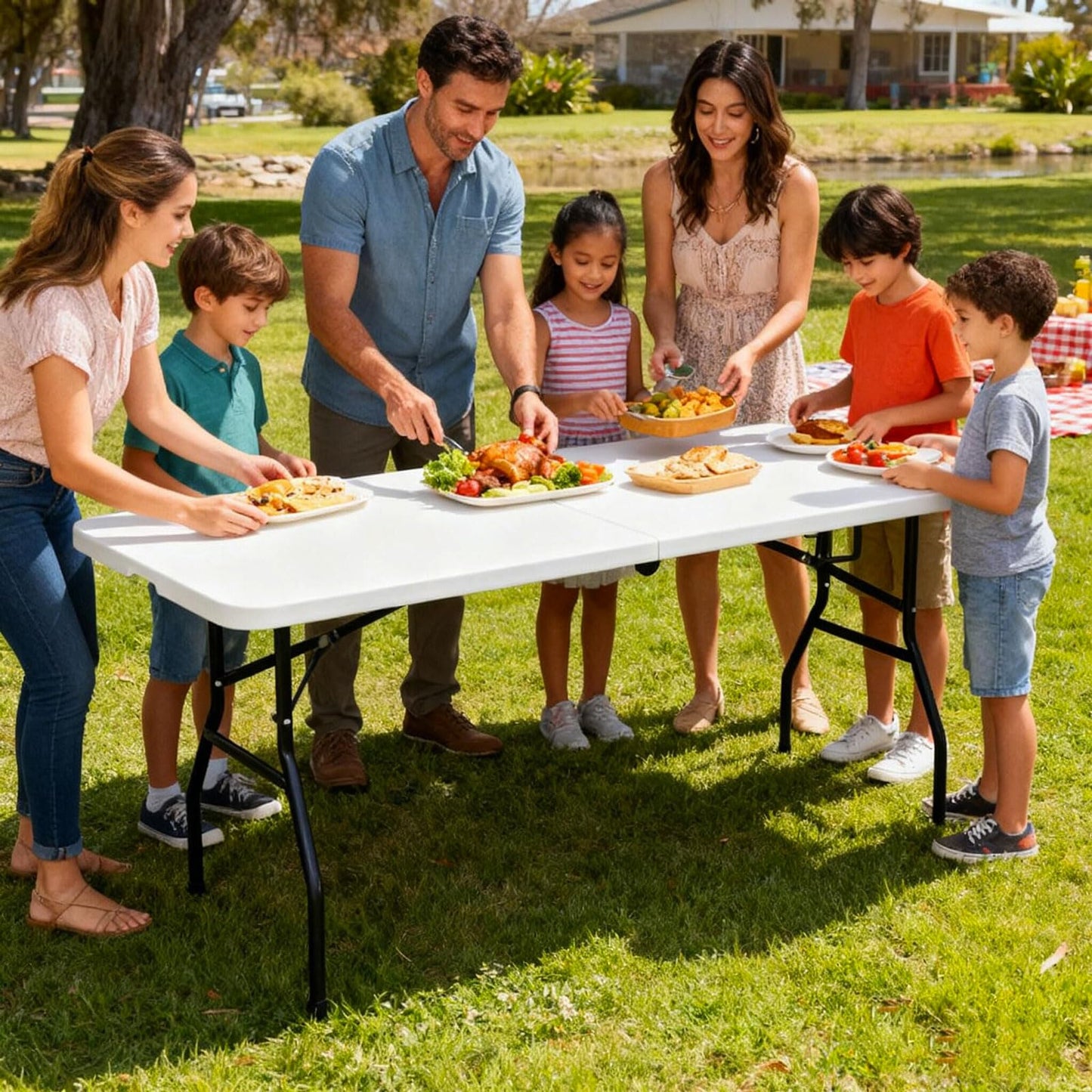 PIKAQTOP Plastic Folding Table 6ft Heavy Duty Foldable Utility Table with Carrying Handle for Camping Picnic BBQ Party Banquet Backyard, 500LBS Capacity, White