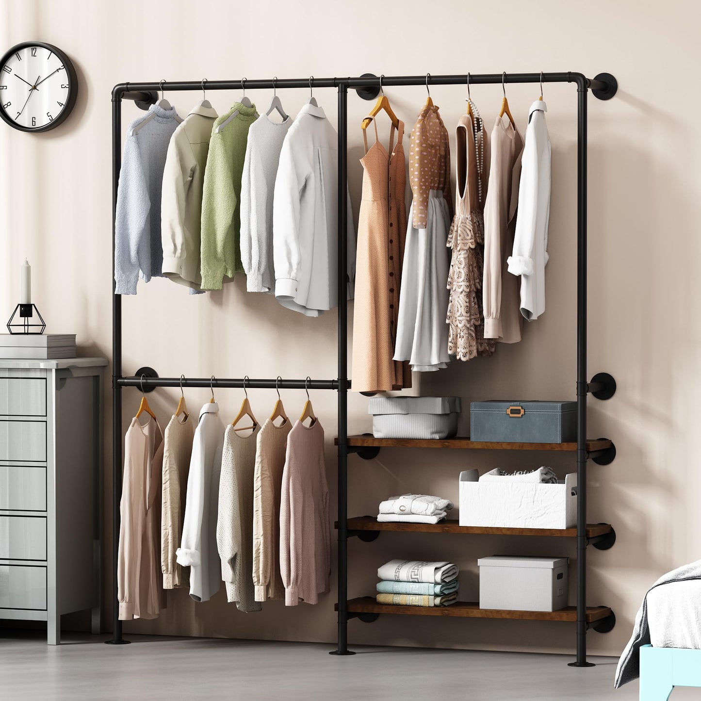 KAILNKISS Industrial Pipe Clothes Rack, Wall Mounted Clothing Rack with Shelves, Heavy Duty Closet Organizers Wardrobe Multi-Purpose Storage Clothes Hanging Shelf-70.8''L Black