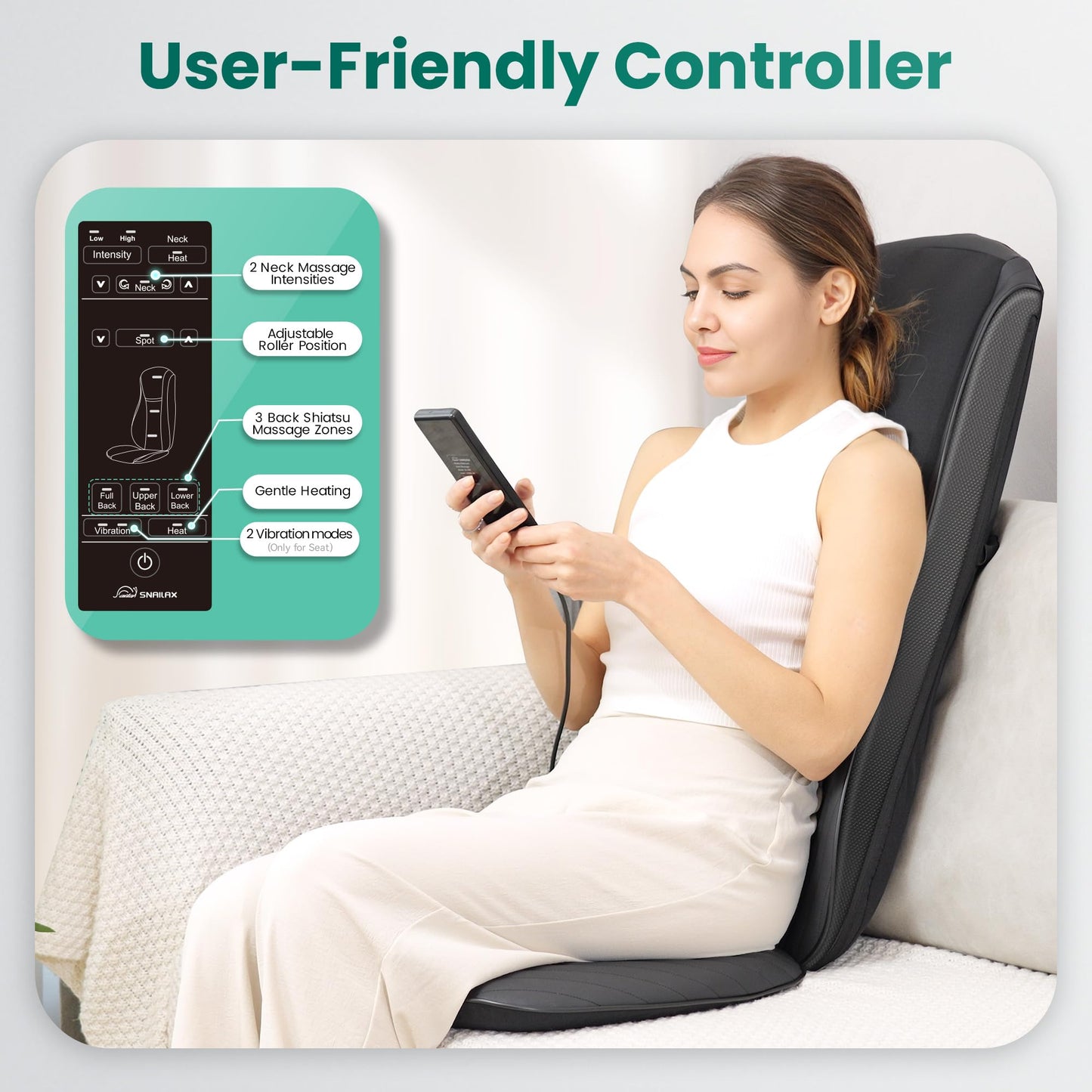 Snailax 2025 Shiatsu Neck Back Massager with Heat -Deep Kneading Massage Chair Pad,Adjustable Intensity,Full Body Massage Seat Cushion for Relaxation