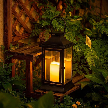 TRIROCKS Metal Candle Lantern 15'' High Decorative Outdoor Lantern Hanging Lantern with Timer LED Candle for Home Decor Living Room Parties Events Tabletop Indoors Outdoors (Black)