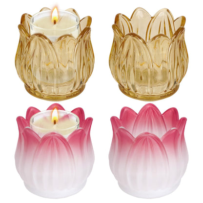 TOCCOOL 4 Pack Tulip Flower Shaped Glass Candle Holders for Votive & Tealight Candles, Wedding Table Centerpiece Decor & Home Decor (Amber, Pink-White Gradient)