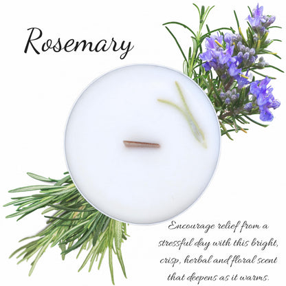 Rosemary Scented Essential Oil Tealight Candle Gift Set of 4, Hand Crafted Soy Wax Candles Wooden Wick Dried Flowers, Natural Aromatherapy Aluminum Cup Tea Lights by Lathered Artisan