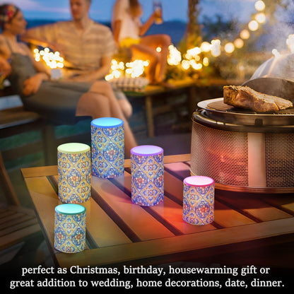 Flameless Candles Battery Operated Vintage Mexican Talavera Ceramic Tiles Flickering Led Pillar Candles With Remote Control Ethnic Flowers Pottery Colour Changing Warm Light Candles For Wedding Hall