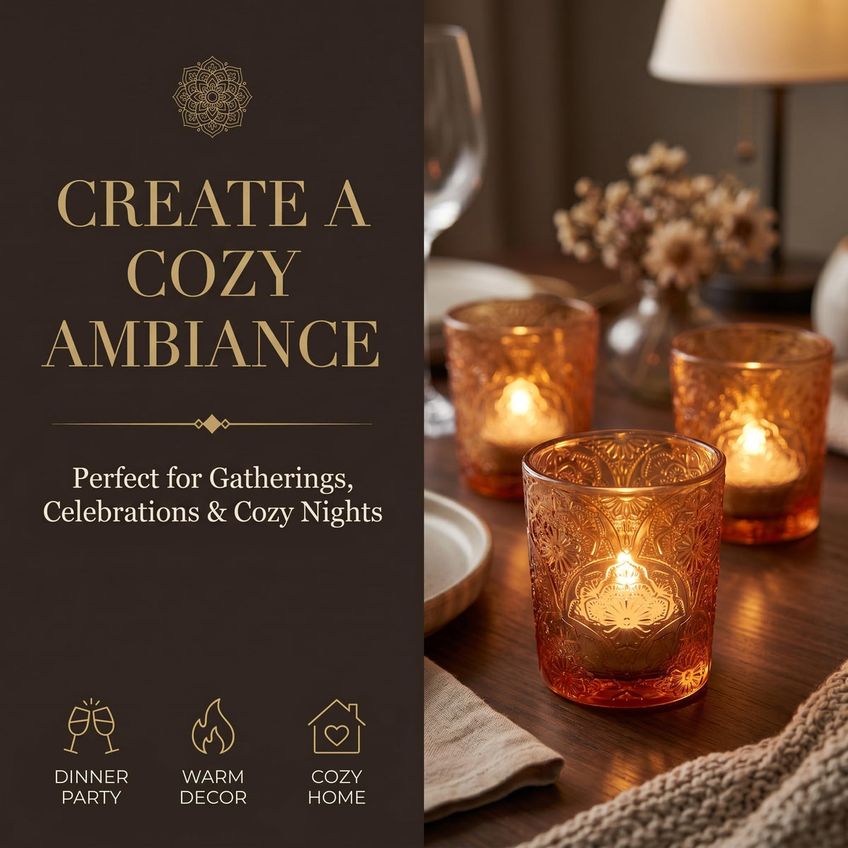 6 Pack Mandala Embossed Glass Candle Holders – Votive Tealight Holders with Patent Design, Decorative Embossed Glass Cups for Wedding Centerpieces, Parties, and Home Décor (Pumpkin Spice)