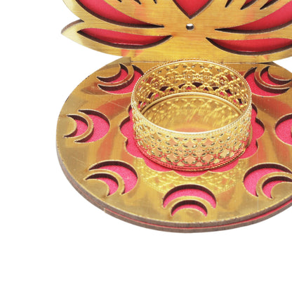 Set of 2 Decorative MDF Wooden Pink Golden Lotus T Light Holder Candle Stand Tealight Holder Indian Traditional Festival Diwali Decorations Lighting Accessories (Without Wax)(Size:-4" Inches) (Pink-1)