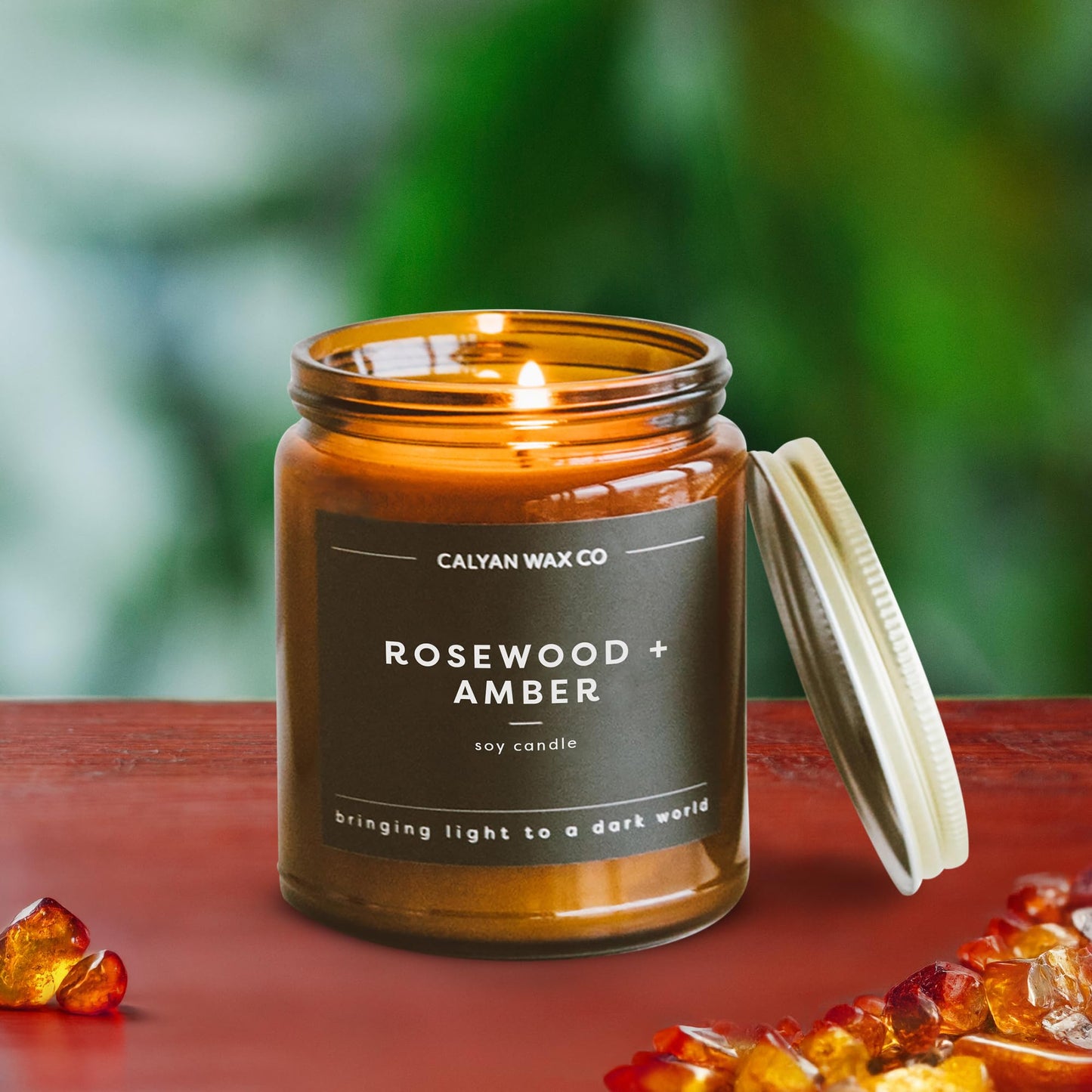 Calyan Wax Co. Rosewood & Amber Scented Candle - 57 Hour Burn - Luxury Clean Soy Wax Candles - Long Lasting Amber Glass Jar Candle for Home - 7.2oz