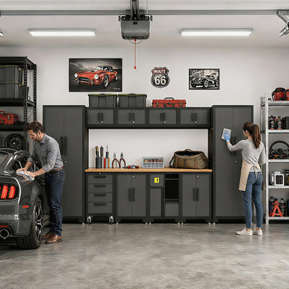 Garage Cabinets Storage System, 12-Pcs Included Steel Cabinets Drawers Rolling Chest and Trash Can Cabinet, Locked Storage Cabinet, Perfect for Organizing Garage and Tools